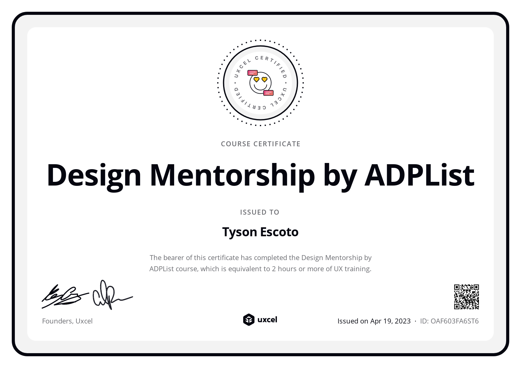 Tyson Escoto's certificate